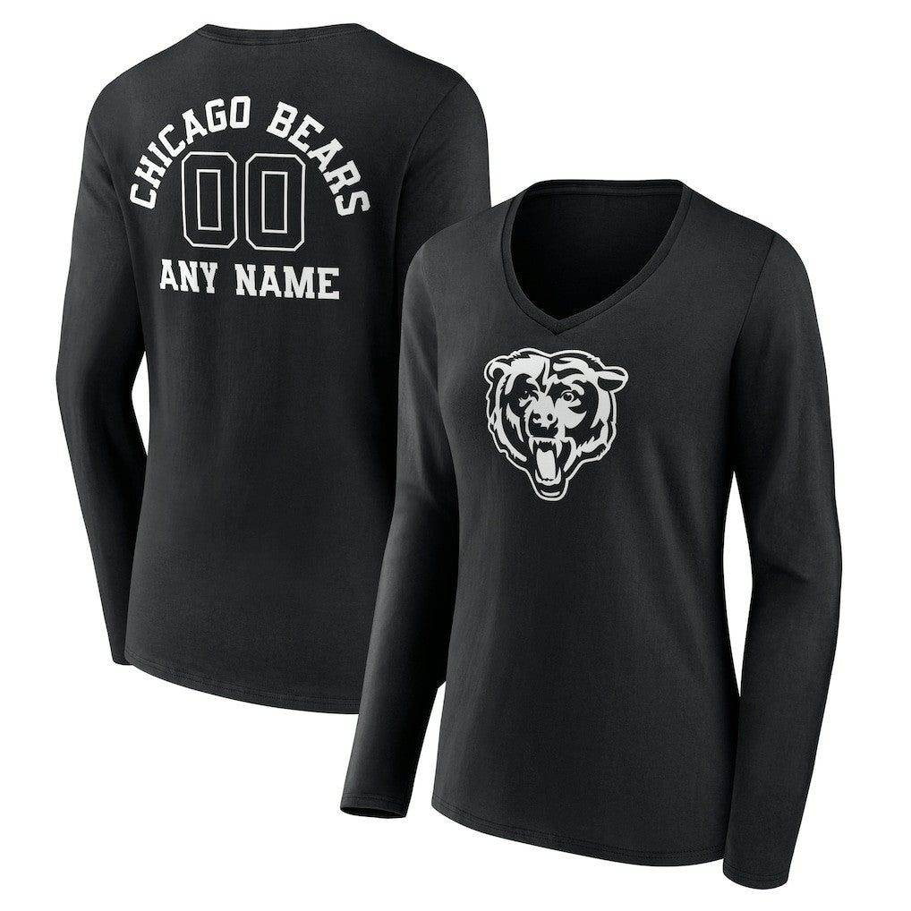 Chicago Bears Women's Personalized Name & Number Monochrome Long Sleeve V-Neck T-Shirt Black | NFL