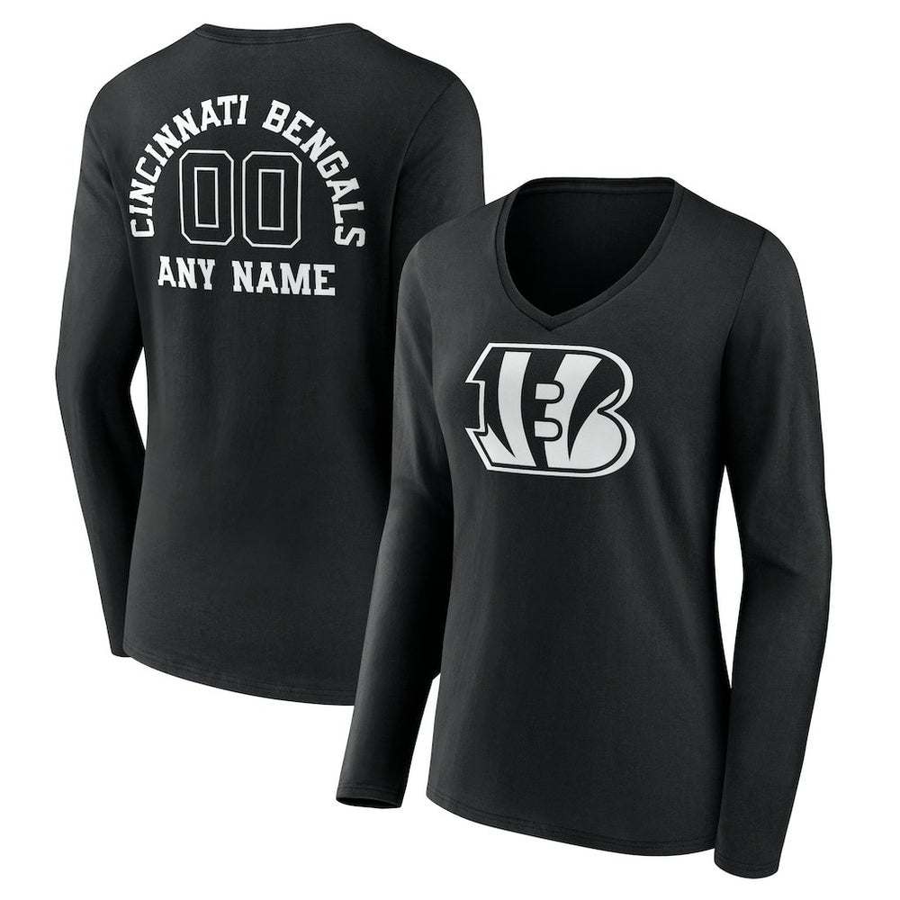 Cincinnati Bengals Women's Personalized Name & Number Monochrome Long Sleeve V-Neck T-Shirt Black | NFL