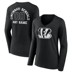 Cincinnati Bengals Women's Personalized Name & Number Monochrome Long Sleeve V-Neck T-Shirt Black | NFL
