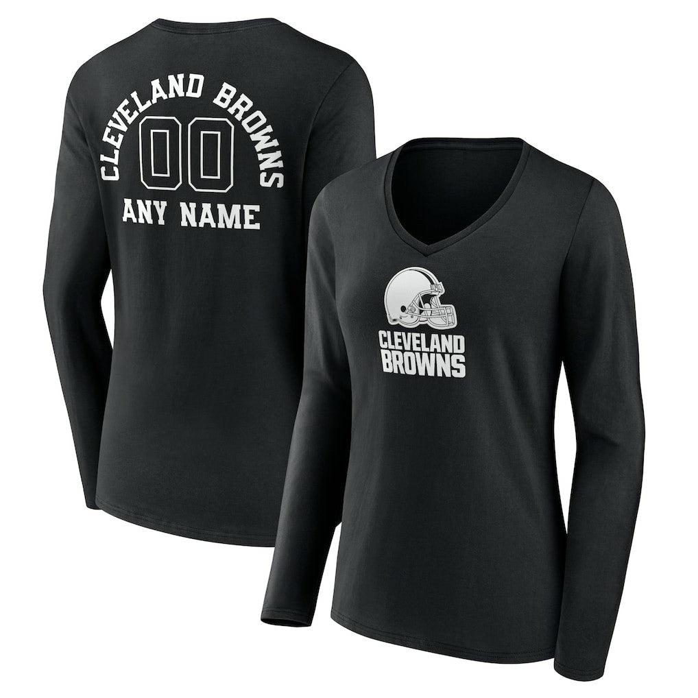 Cleveland Browns Women's Personalized Name & Number Monochrome Long Sleeve V-Neck T-Shirt Black | NFL
