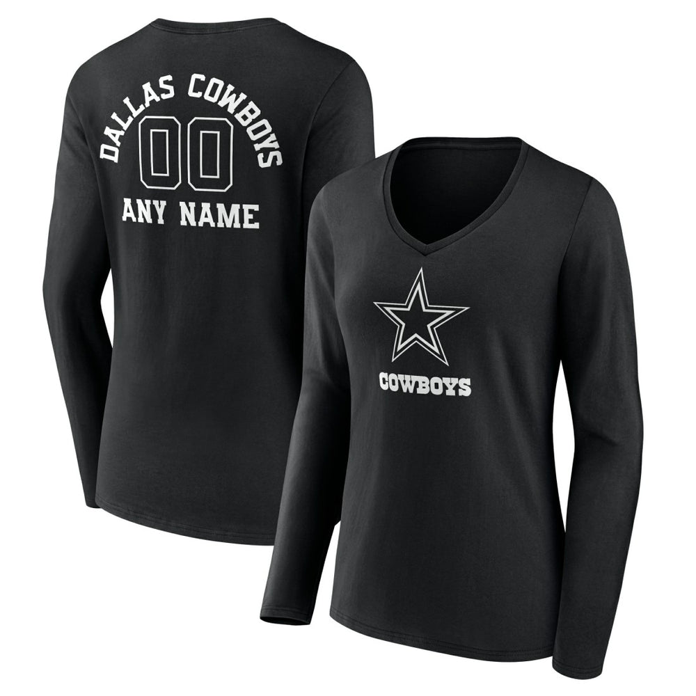 Dallas Cowboys Women's Personalized Name & Number Monochrome Long Sleeve V-Neck T-Shirt Black | NFL