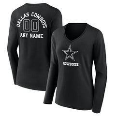 Dallas Cowboys Women's Personalized Name & Number Monochrome Long Sleeve V-Neck T-Shirt Black | NFL