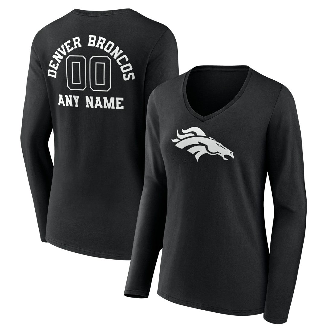 Denver Broncos Women's Personalized Name & Number Monochrome Long Sleeve V-Neck T-Shirt Black | NFL