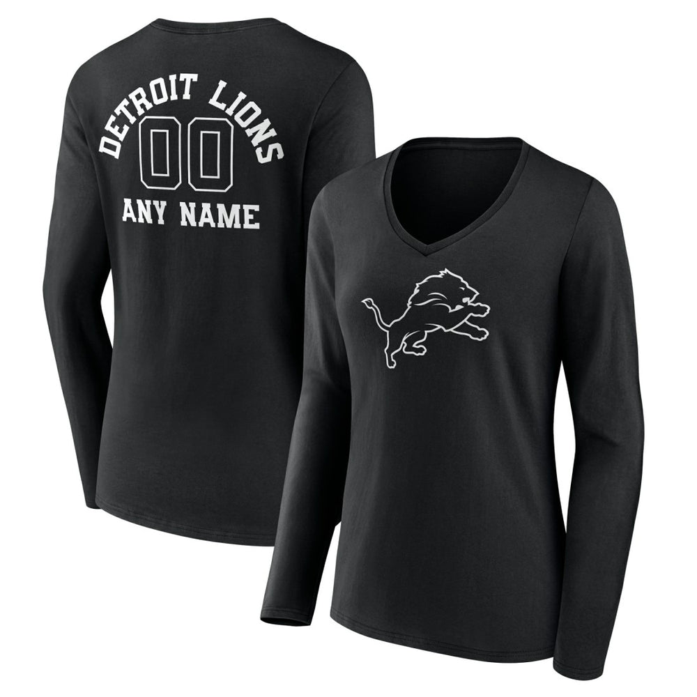 Detroit Lions Women's Personalized Name & Number Monochrome Long Sleeve V-Neck T-Shirt Black | NFL