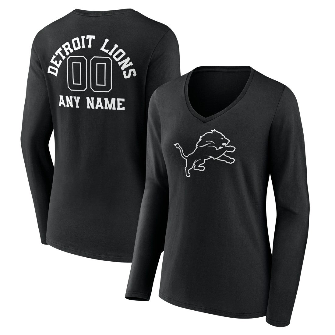 Detroit Lions Women's Personalized Name & Number Monochrome Long Sleeve V-Neck T-Shirt Black | NFL
