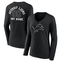 Detroit Lions Women's Personalized Name & Number Monochrome Long Sleeve V-Neck T-Shirt Black | NFL