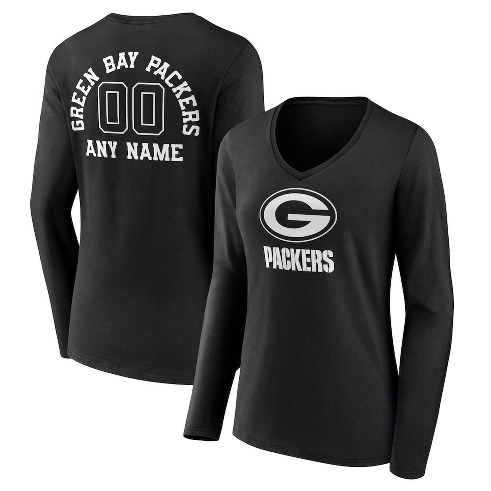 Green Bay Packers Women's Personalized Name & Number Monochrome Long Sleeve V-Neck T-Shirt Black | NFL