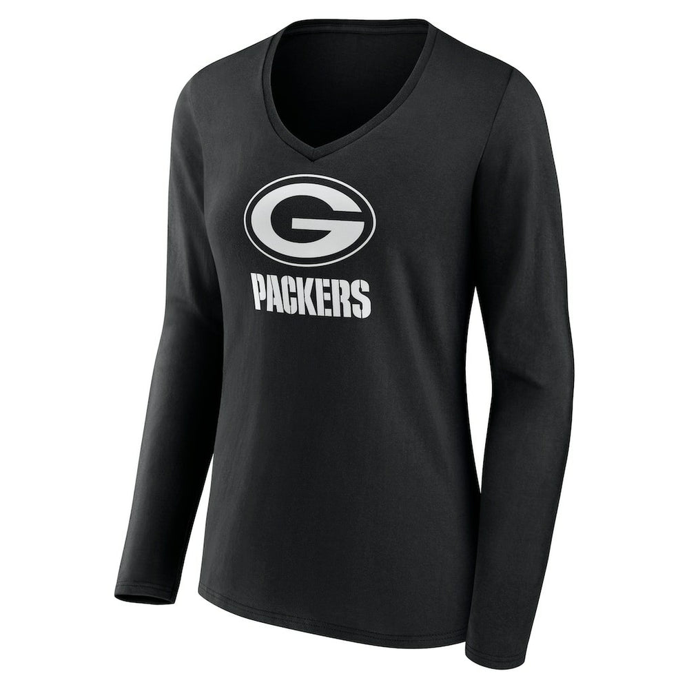 Green Bay Packers Women's Personalized Name & Number Monochrome Long Sleeve V-Neck T-Shirt Black | NFL