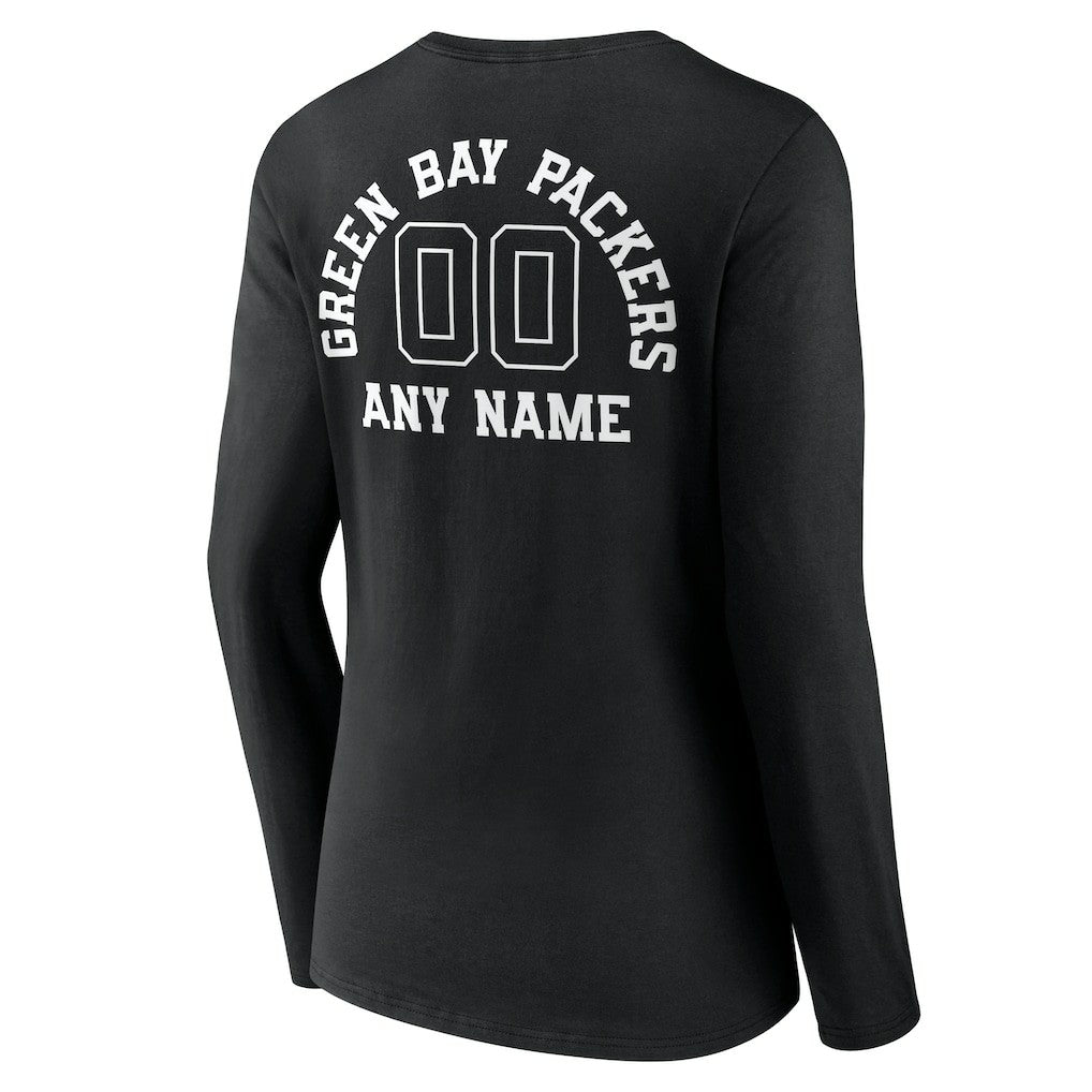 Green Bay Packers Women's Personalized Name & Number Monochrome Long Sleeve V-Neck T-Shirt Black | NFL