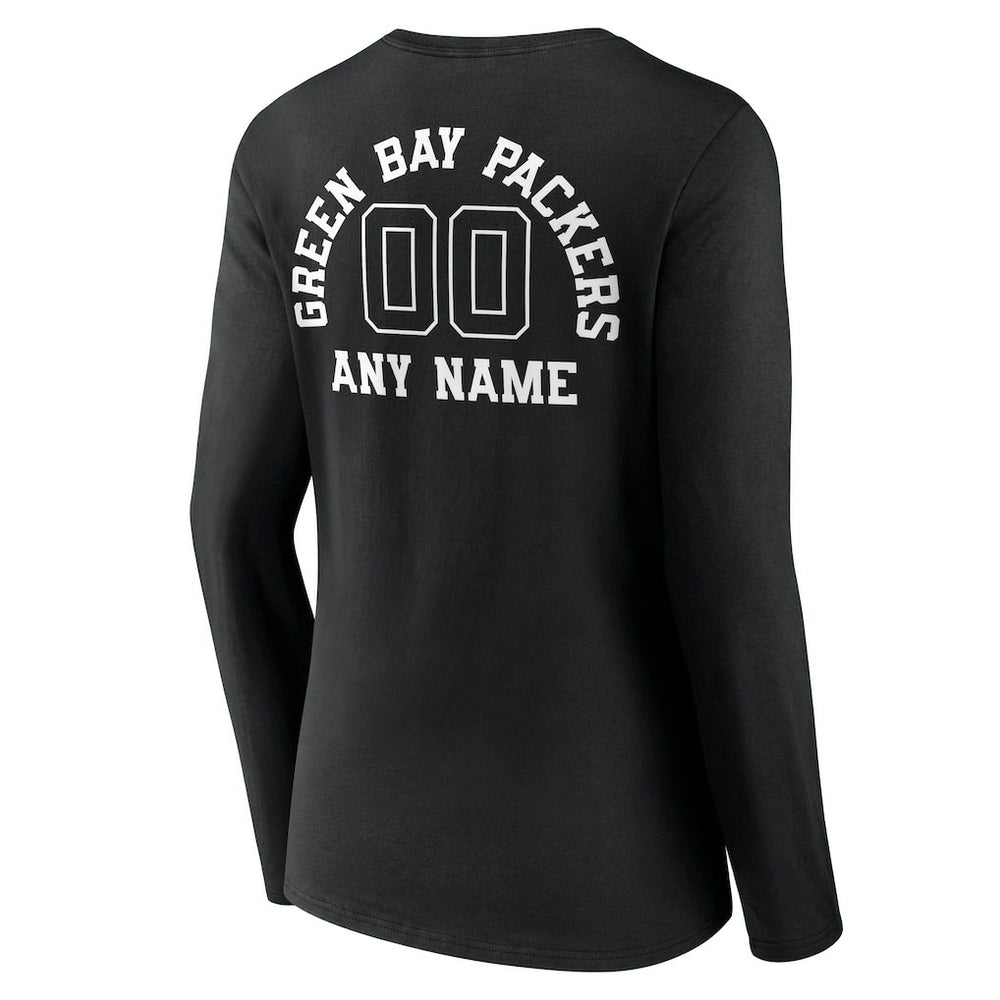 Green Bay Packers Women's Personalized Name & Number Monochrome Long Sleeve V-Neck T-Shirt Black | NFL