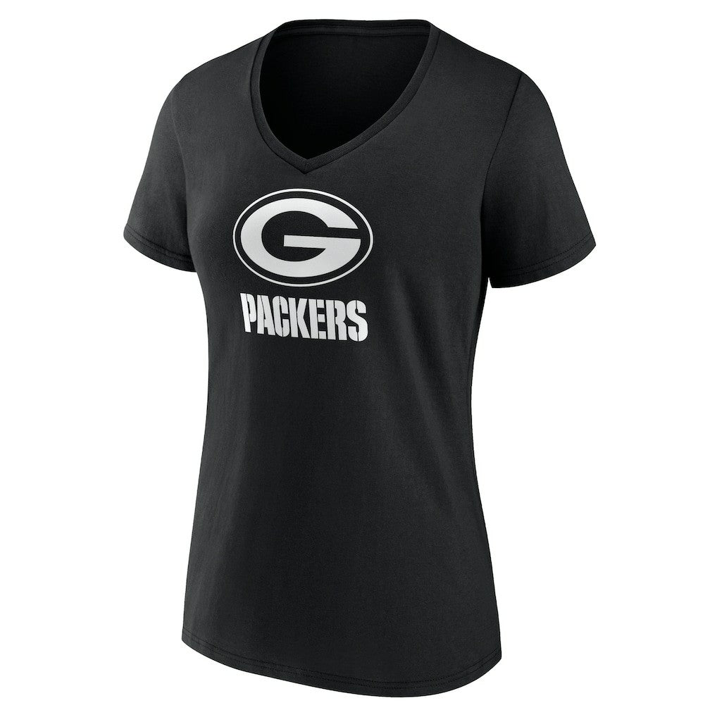Green Bay Packers Women's Personalized Name & Number Monochrome V-Neck T-Shirt Black | NFL