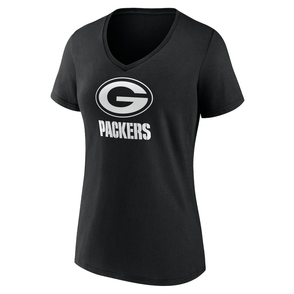 Green Bay Packers Women's Personalized Name & Number Monochrome V-Neck T-Shirt Black | NFL