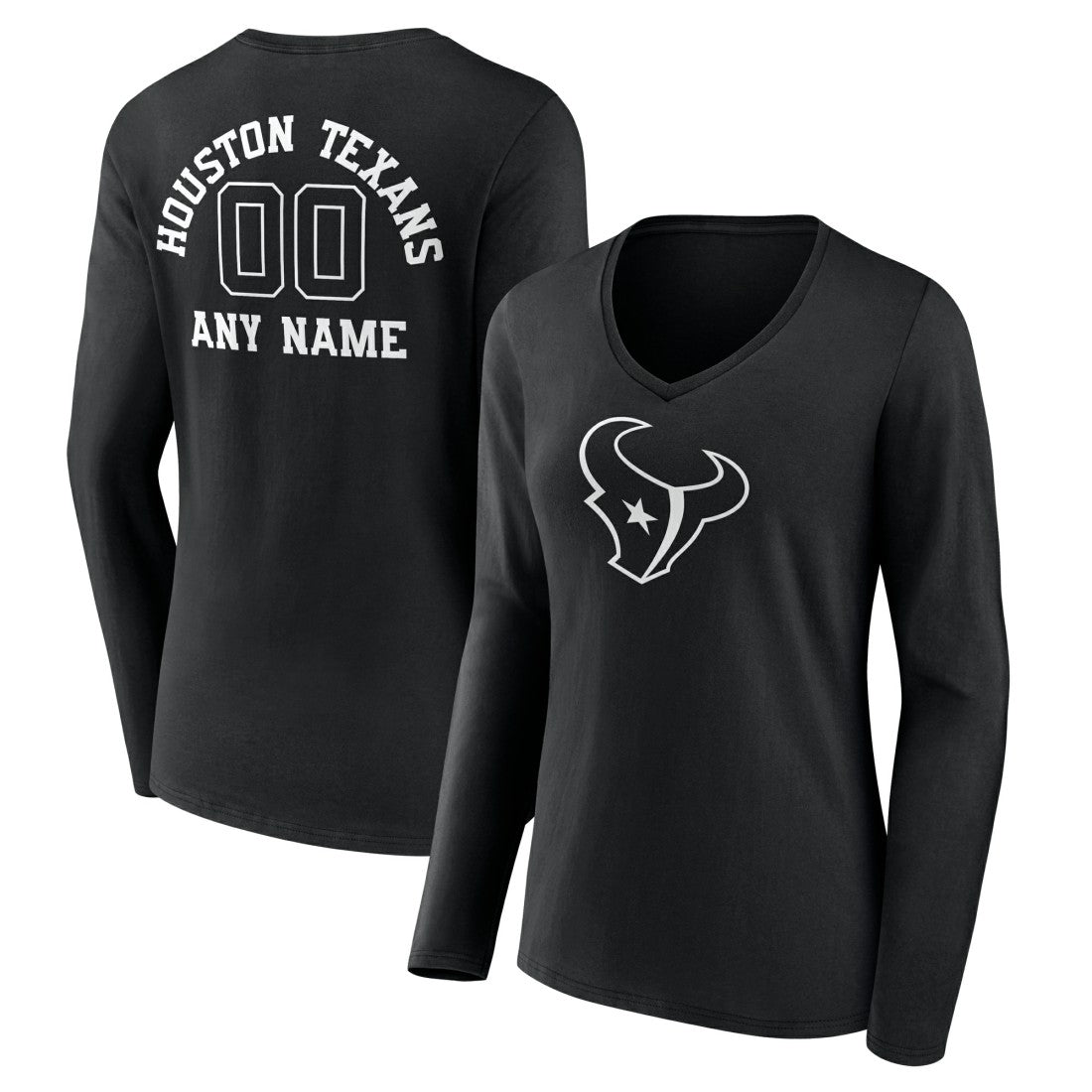 Houston Texans Women's Personalized Name & Number Monochrome Long Sleeve V-Neck T-Shirt Black | NFL