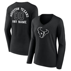 Houston Texans Women's Personalized Name & Number Monochrome Long Sleeve V-Neck T-Shirt Black | NFL