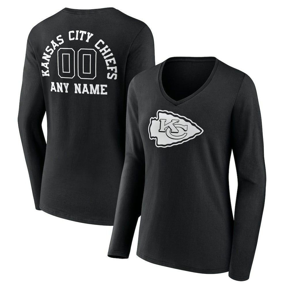 Kansas City Chiefs Women's Personalized Name & Number Monochrome Long Sleeve V-Neck T-Shirt Black | NFL