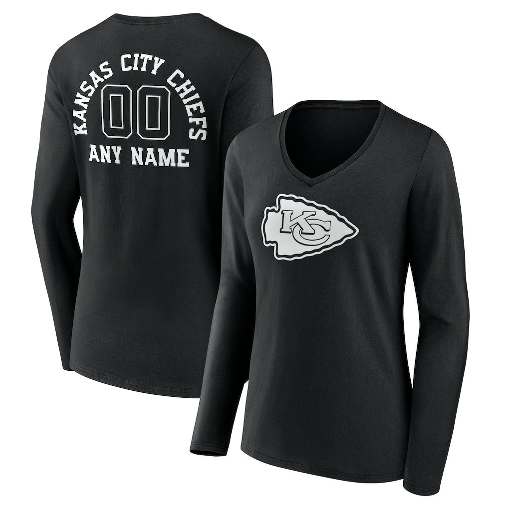 Kansas City Chiefs Women's Personalized Name & Number Monochrome Long Sleeve V-Neck T-Shirt Black | NFL