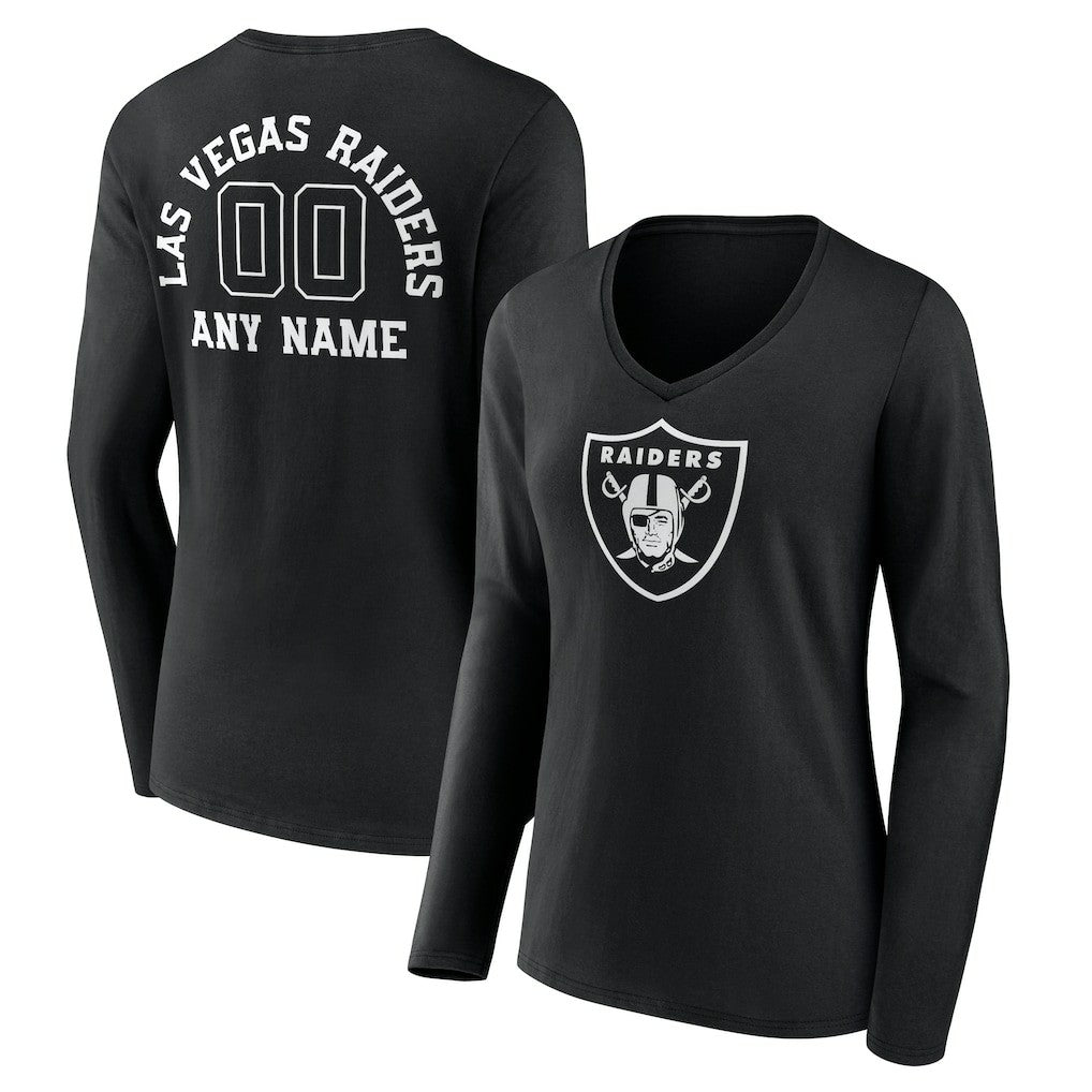 Las Vegas Raiders Women's Personalized Name & Number Monochrome Long Sleeve V-Neck T-Shirt Black | NFL