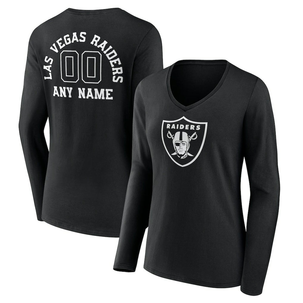 Las Vegas Raiders Women's Personalized Name & Number Monochrome Long Sleeve V-Neck T-Shirt Black | NFL
