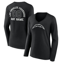 Los Angeles Chargers Women's Personalized Name & Number Monochrome Long Sleeve V-Neck T-Shirt Black | NFL