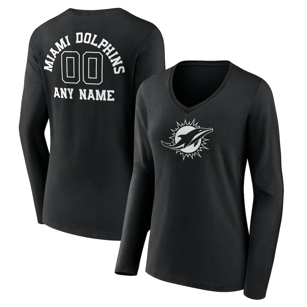 Miami Dolphins Women's Personalized Name & Number Monochrome Long Sleeve V-Neck T-Shirt Black | NFL