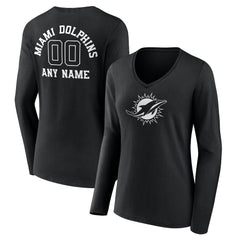 Miami Dolphins Women's Personalized Name & Number Monochrome Long Sleeve V-Neck T-Shirt Black | NFL