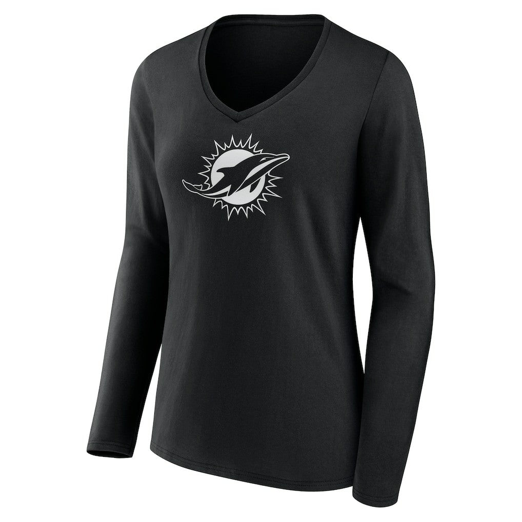 Miami Dolphins Women's Personalized Name & Number Monochrome Long Sleeve V-Neck T-Shirt Black | NFL