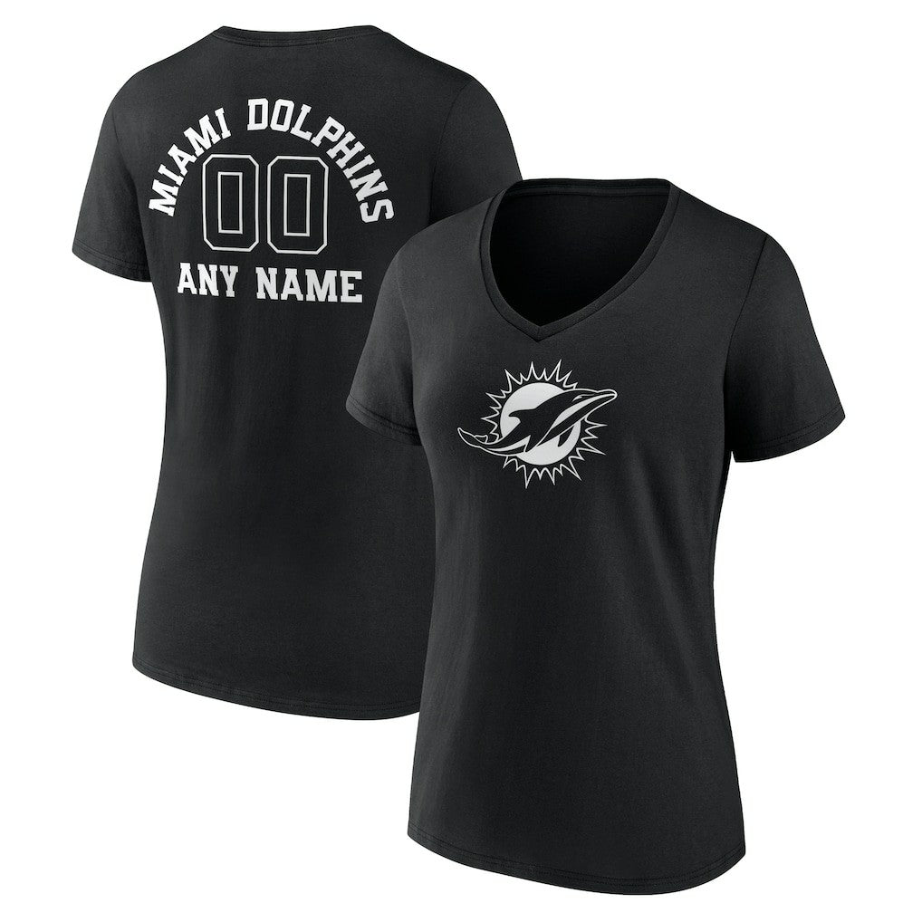 Miami Dolphins Women's Personalized Name & Number Monochrome V-Neck T-Shirt Black | NFL