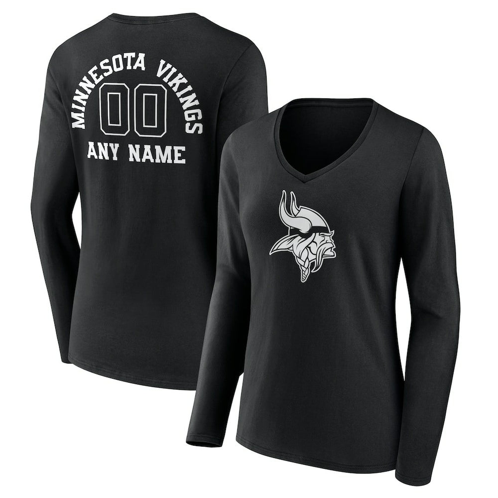 Minnesota Vikings Women's Personalized Name & Number Monochrome Long Sleeve V-Neck T-Shirt Black | NFL