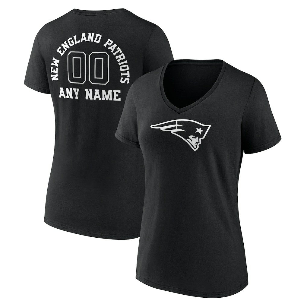 New England Patriots Women's Personalized Name & Number Monochrome V-Neck T-Shirt Black | NFL