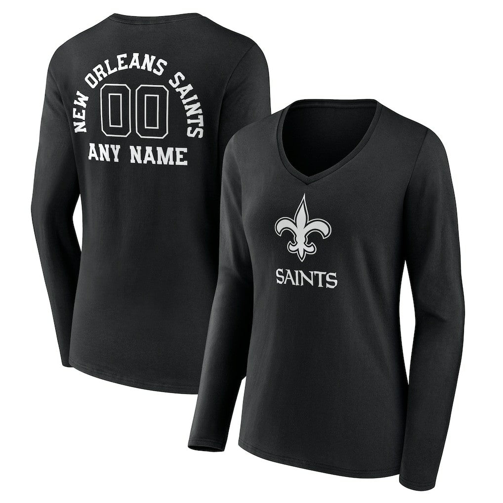 New Orleans Saints Women's Personalized Name & Number Monochrome Long Sleeve V-Neck T-Shirt Black | NFL