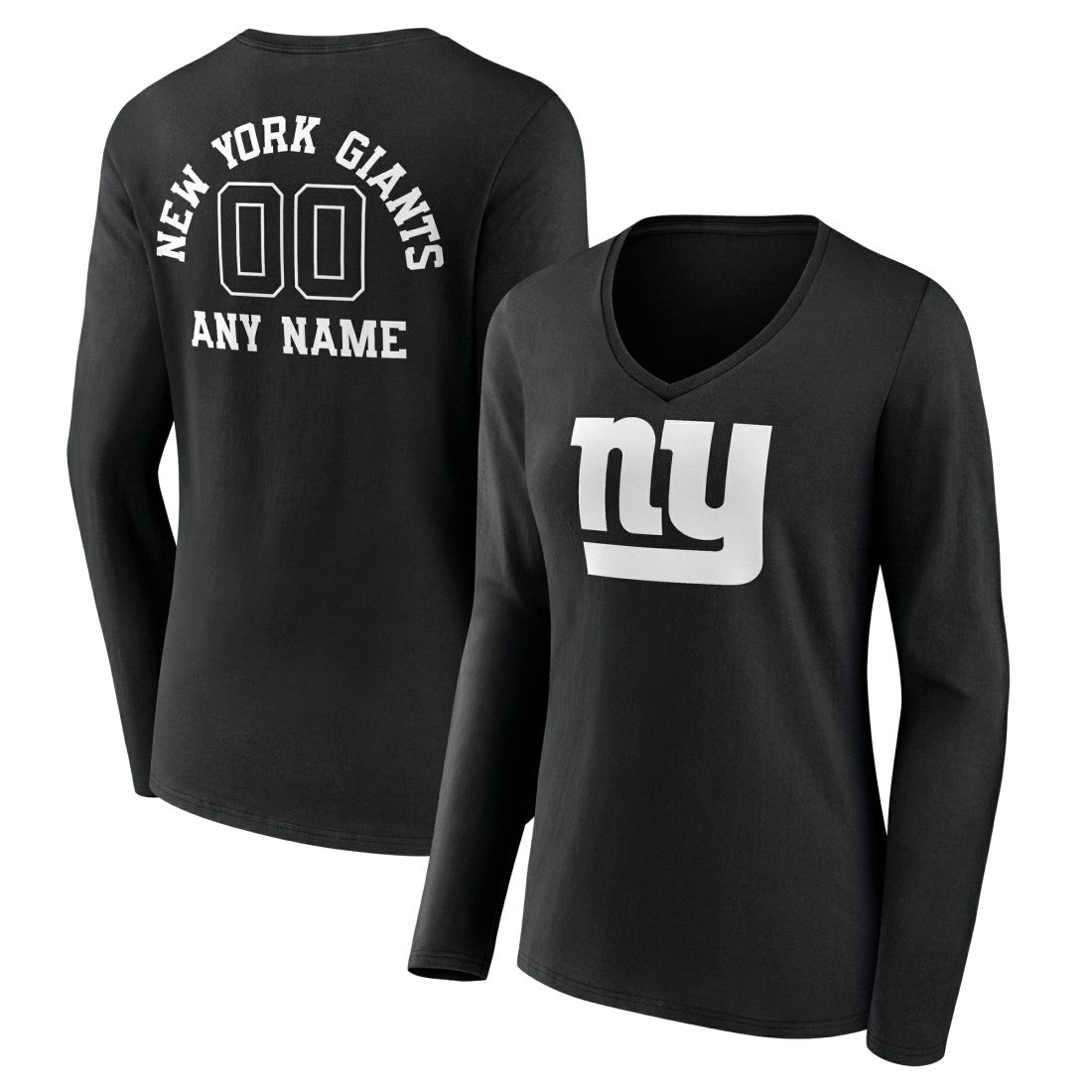 New York Giants Women's Personalized Name & Number Monochrome Long Sleeve V-Neck T-Shirt Black | NFL
