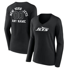 New York Jets Women's Personalized Name & Number Monochrome Long Sleeve V-Neck T-Shirt Black | NFL