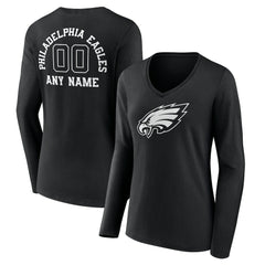 Philadelphia Eagles Women's Personalized Name & Number Monochrome Long Sleeve V-Neck T-Shirt Black | NFL