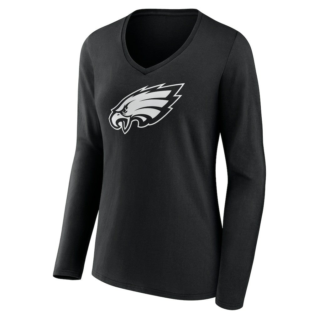 Philadelphia Eagles Women's Personalized Name & Number Monochrome Long Sleeve V-Neck T-Shirt Black | NFL