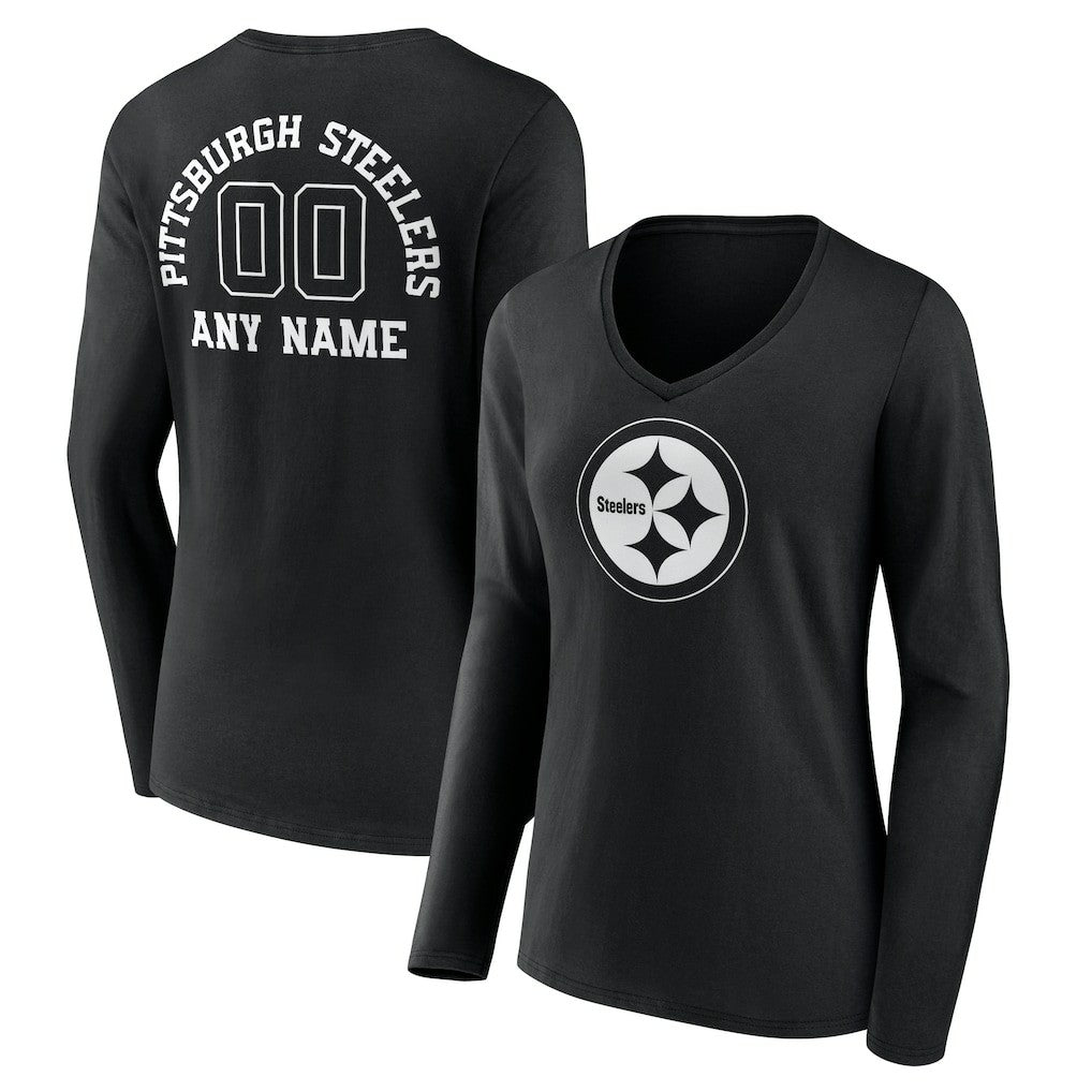 Pittsburgh Steelers Women's Personalized Name & Number Monochrome Long Sleeve V-Neck T-Shirt Black | NFL