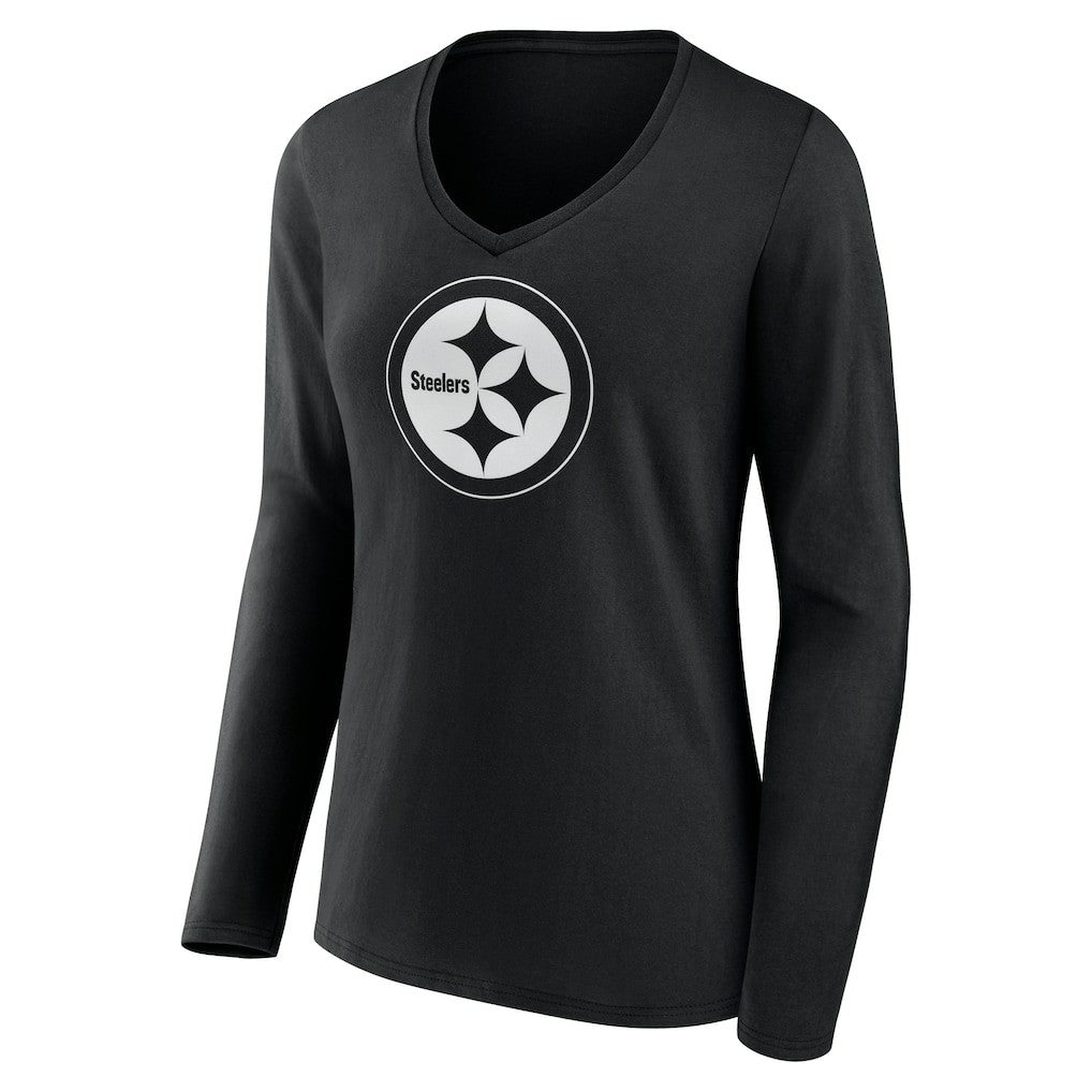 Pittsburgh Steelers Women's Personalized Name & Number Monochrome Long Sleeve V-Neck T-Shirt Black | NFL