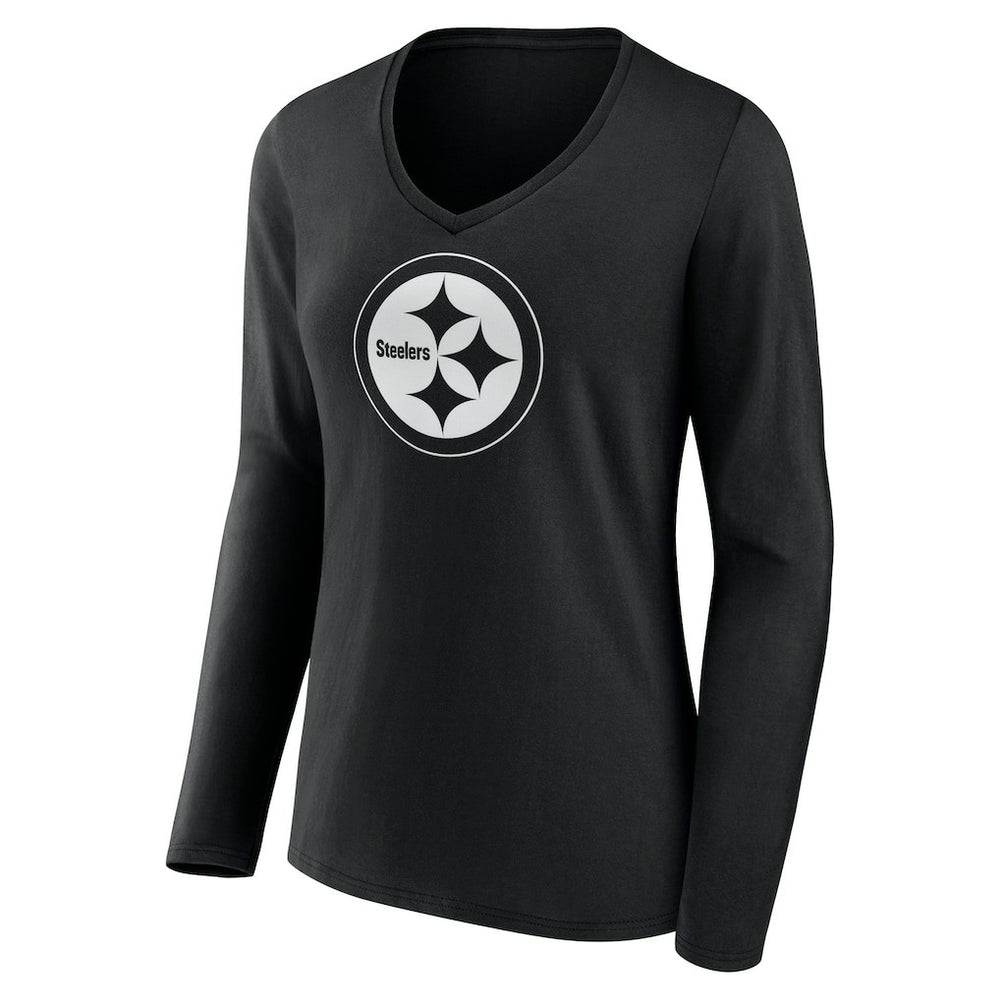 Pittsburgh Steelers Women's Personalized Name & Number Monochrome Long Sleeve V-Neck T-Shirt Black | NFL