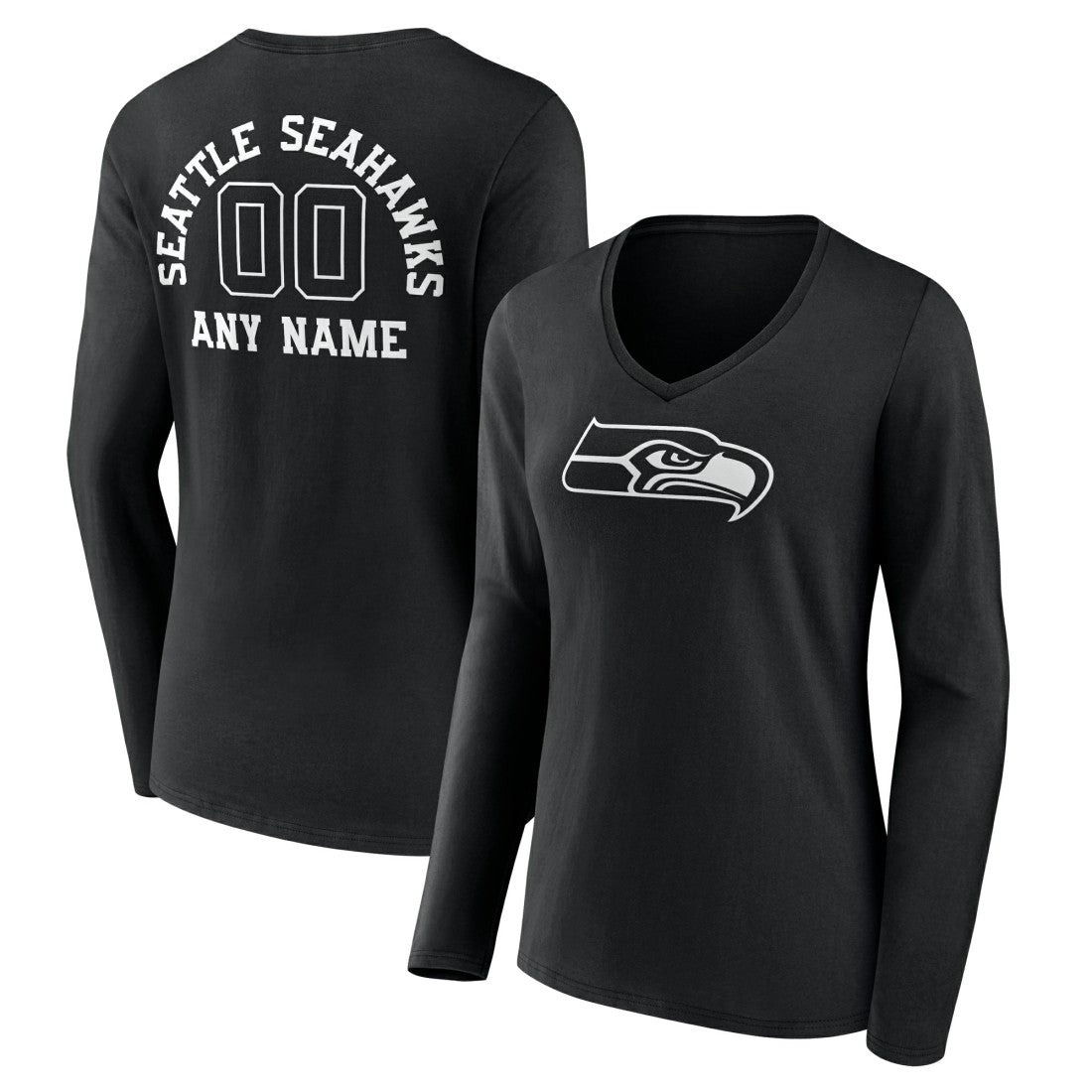 Seattle Seahawks Women's Personalized Name & Number Monochrome Long Sleeve V-Neck T-Shirt Black | NFL
