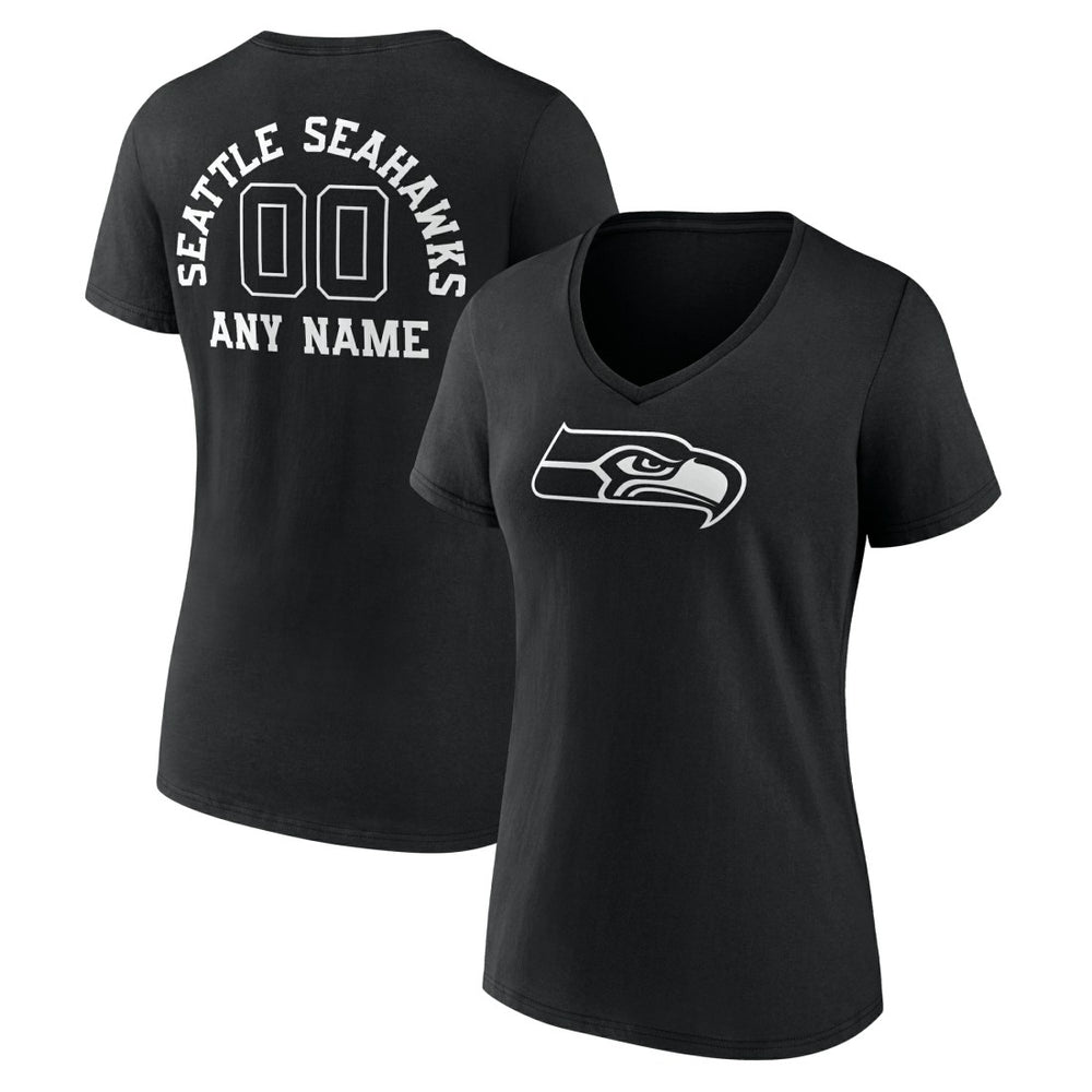 Seattle Seahawks Women's Personalized Name & Number Monochrome V-Neck T-Shirt Black | NFL