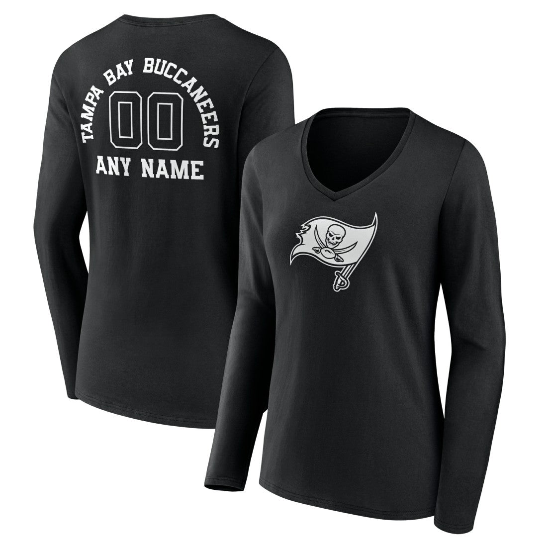 Tampa Bay Buccaneers Women's Personalized Name & Number Monochrome Long Sleeve V-Neck T-Shirt Black | NFL