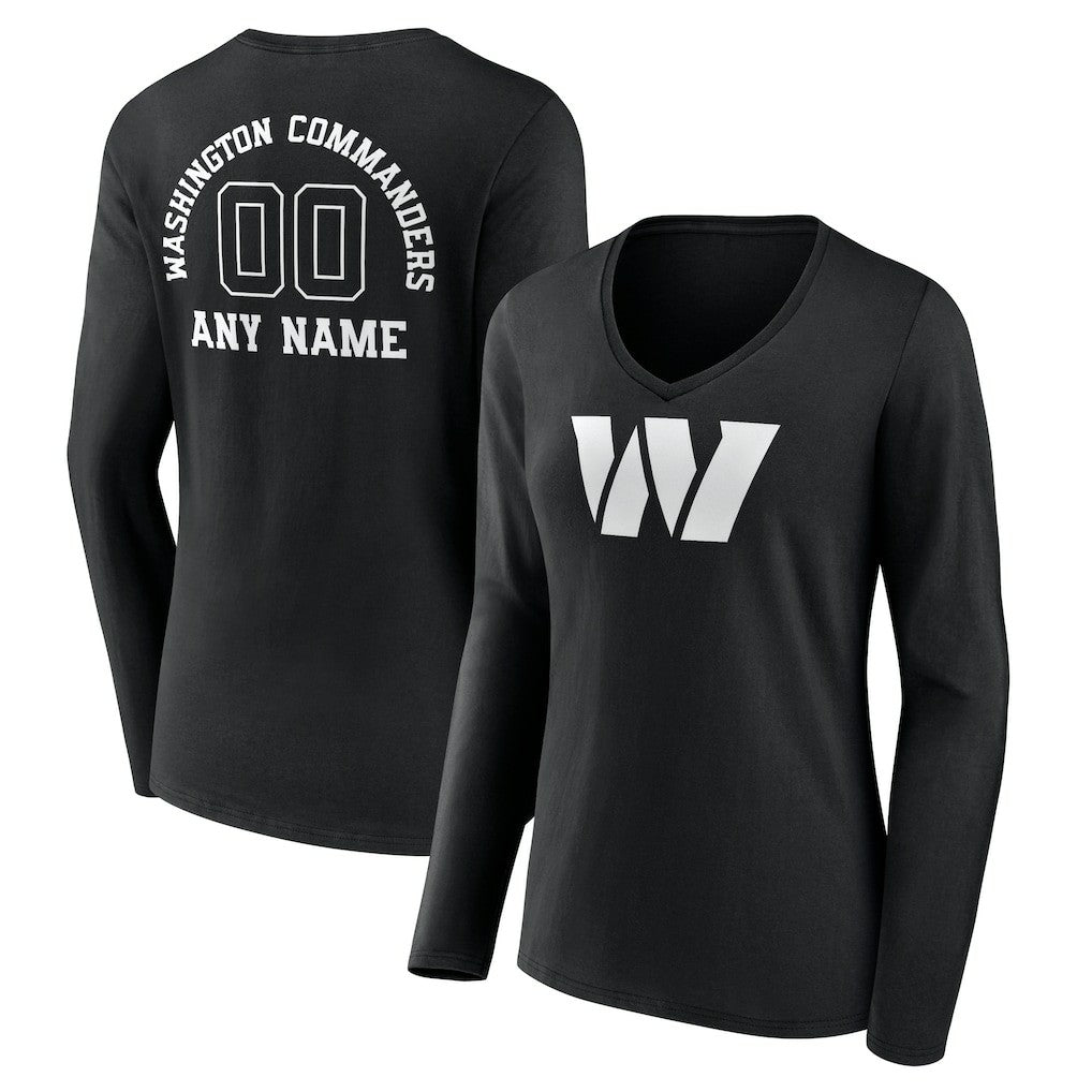 Washington Commanders Women's Personalized Name & Number Monochrome Long Sleeve V-Neck T-Shirt Black | NFL