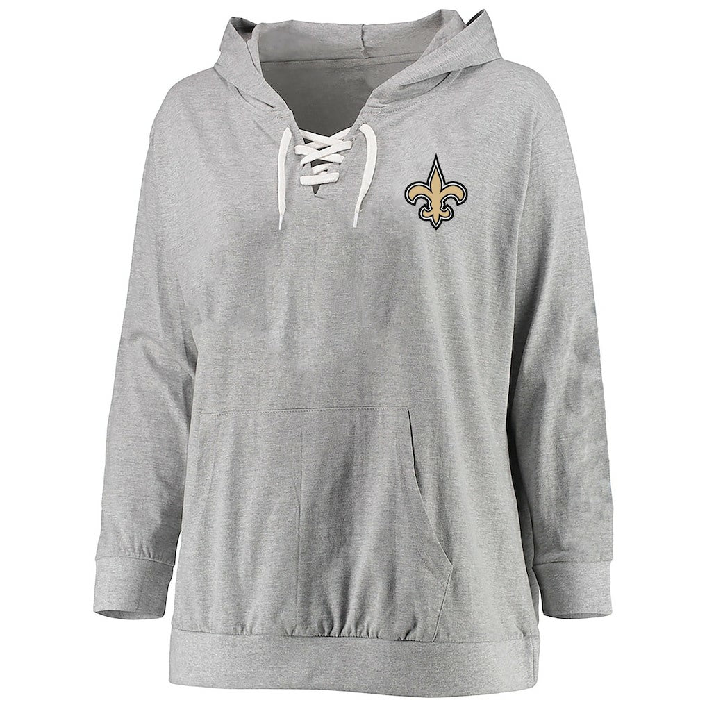 New Orleans Saints Women's Plus Size Lace-up Pullover Hoodie Heather Gray | Fanatics