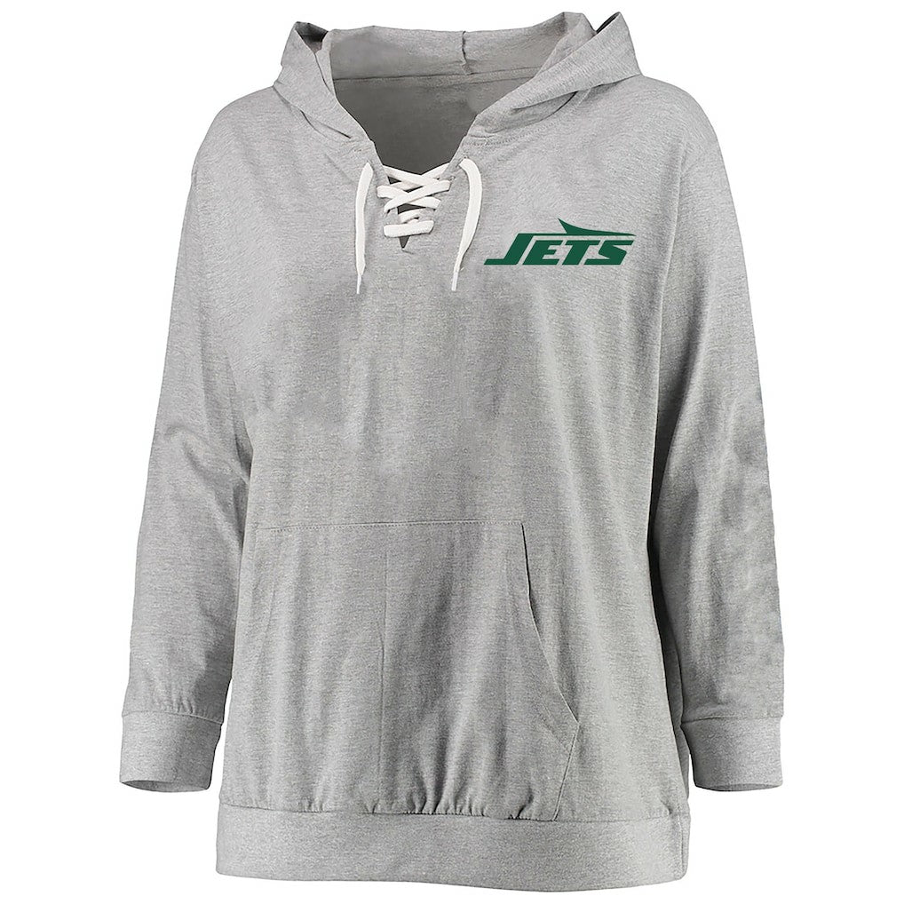 New York Jets Women's Plus Size Lace-up Pullover Hoodie Heather Gray | Fanatics