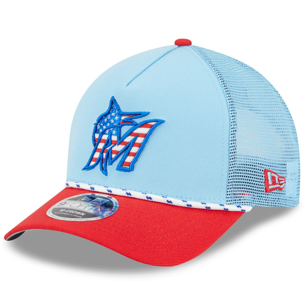 Miami Marlins New Era 2025 Fourth of July 9FORTY A-Frame M-Crown Adjustable Trucker Hat - MLB