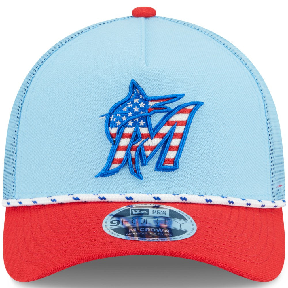 Miami Marlins New Era 2025 Fourth of July 9FORTY A-Frame M-Crown Adjustable Trucker Hat - MLB