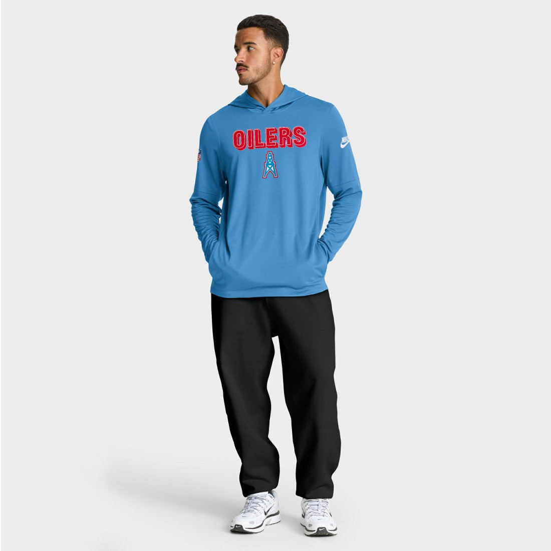 Tennessee Titans Sideline Oilers Throwback Dri-FIT Long Sleeve Hoodie T-Shirt Light Blue | Nike for Sale