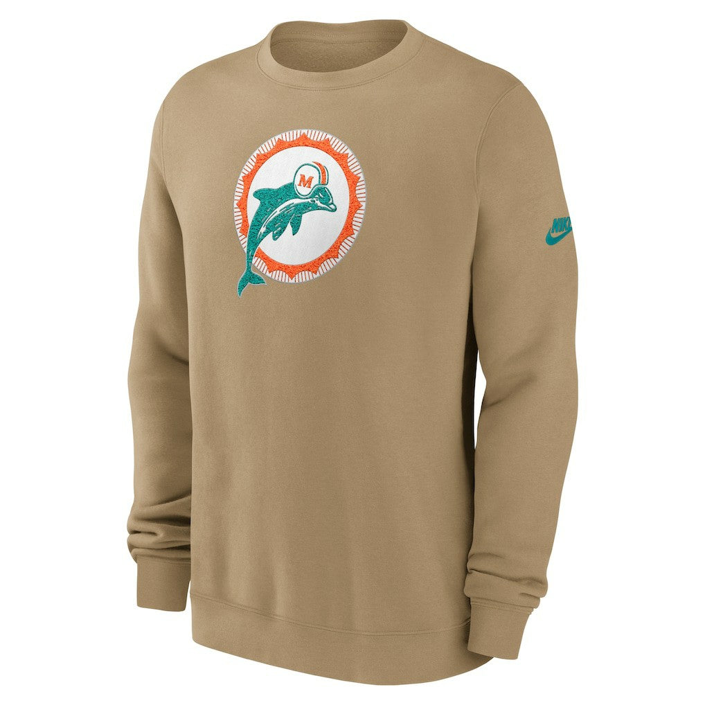 Miami Dolphins Swing Pass Rewind Club Pullover Sweatshirt Tan | Nike for Sale
