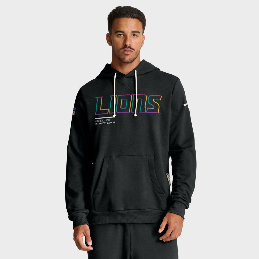 Detroit Lions Tall 2025 NFL Crucial Catch Sideline Standard Issue Dri-FIT Hoodie Black | Nike for Sale