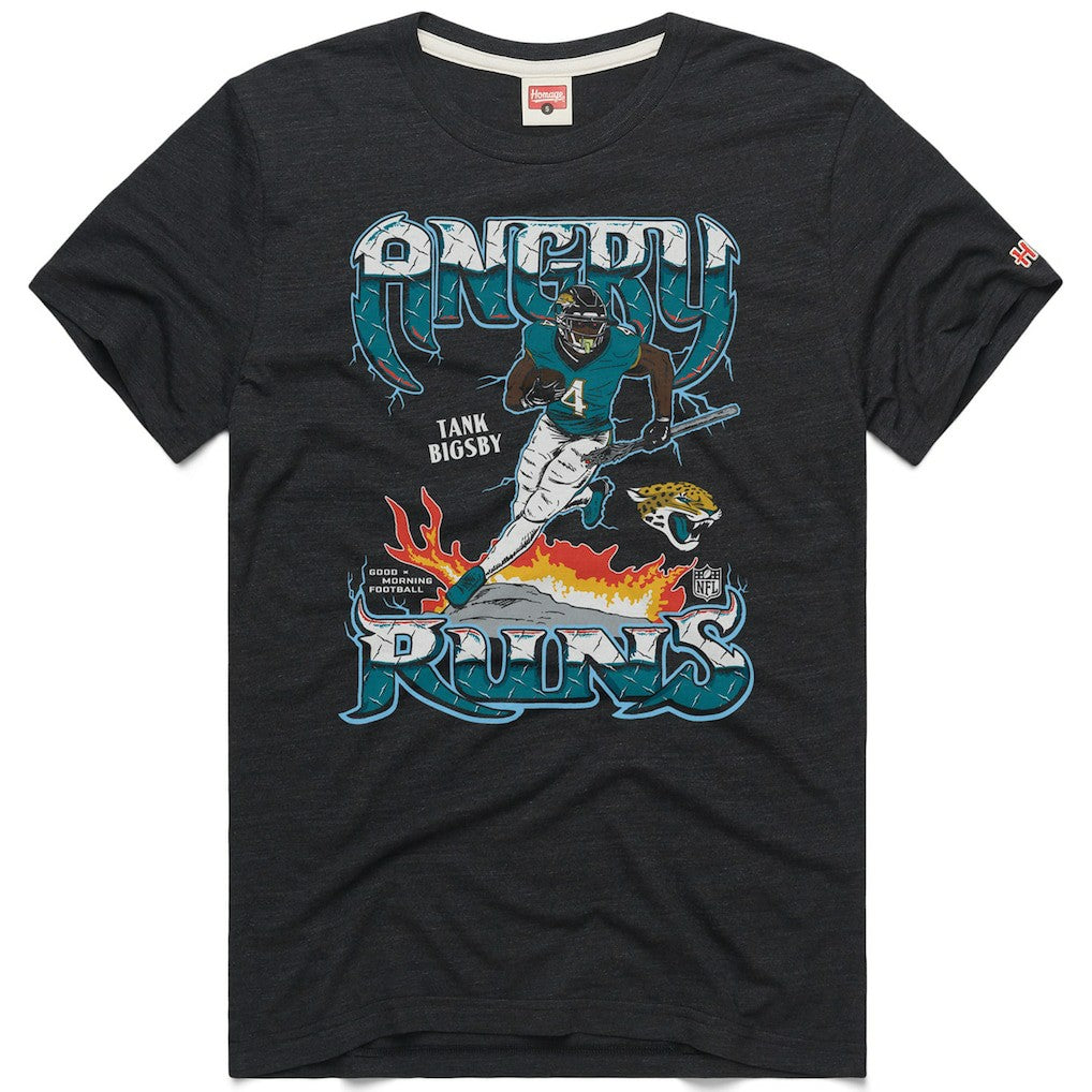 Tank Bigsby Jacksonville Jaguars Homage Unisex Angry Runs Player Graphic Tri-Blend T-Shirt Charcoal | NFL