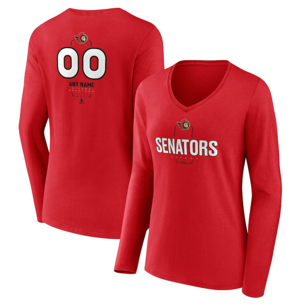 Ottawa Senators Women's Personalized Name & Number Midfielder Long Sleeve V-Neck T-Shirt - Red - NHL